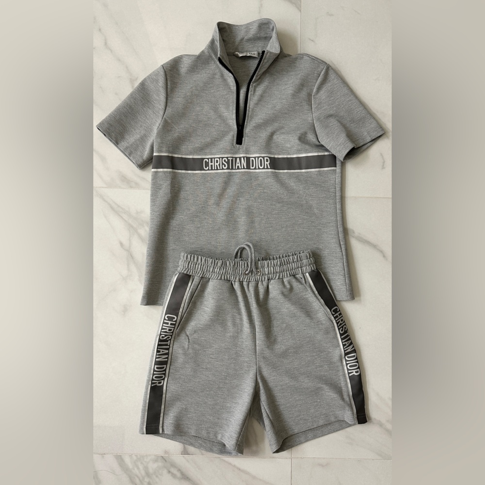 Christian Dior Gray Logo Band Quarter-Zip Short Sleeve & Shorts Set - Size xs